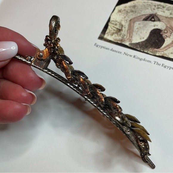 Vintage Brown Sparkly Bejeweled Feather Shaped Duckbill Hair Clip - Picture 7 of 7